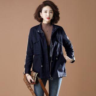 Drawstring Striped Zip Jacket