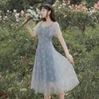 Short-sleeve Floral Print Mesh A-line Midi Dress