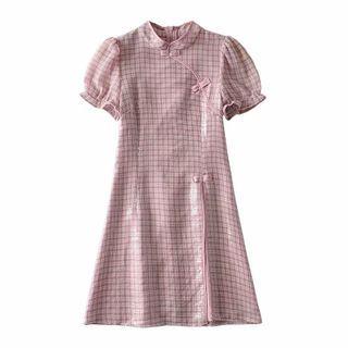 Puff-sleeve Plaid A-line Qipao Dress