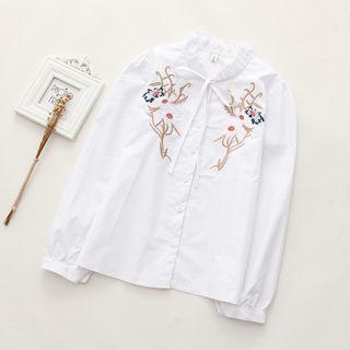 Floral Embroidered Frilled Neck Long-sleeve Shirt