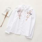 Floral Embroidered Frilled Neck Long-sleeve Shirt
