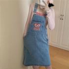 Cat Embroidered Denim Jumper Dress Blue - One Size