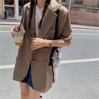 Short-sleeve Double-breasted Blazer Coffee - One Size