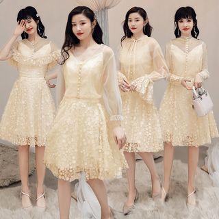 Lace Trim Mesh Cape / Shirt / Spaghetti Strap A-line Party Dress / Set (various Designs)