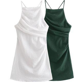 Spaghetti Strap Open-back Ruched Sheath Mini Dress