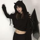 Cold Shoulder Cat Ear Cropped Hoodie