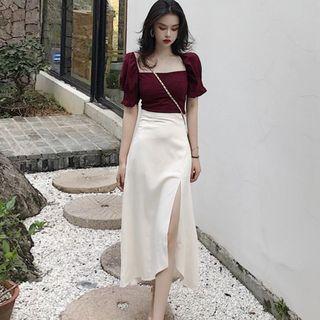 Short-sleeve Square Neck Top / Midi Slit A-line Skirt
