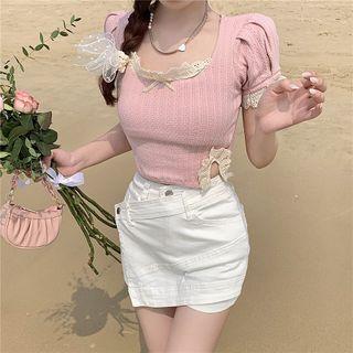 Puff-sleeve Lace Trim Knit Crop Top