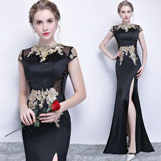 Embroidered Side Slit Evening Gown