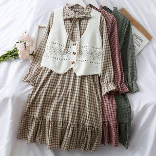 Set: Ribbon-neckline Checker A-line Dress + Knit Vest
