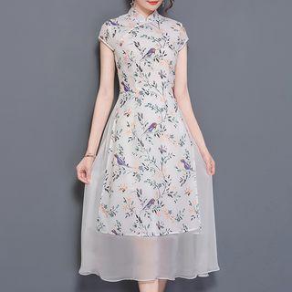 Floral Print Cap-sleeve Mandarin Collar A-line Midi Dress