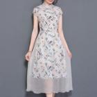 Floral Print Cap-sleeve Mandarin Collar A-line Midi Dress
