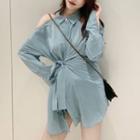 Long-sleeve Off-shoulder Halter Tie-waist Shirt