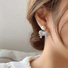 Rhinestone Bow Earring 1 Pair - S925 Silver Needle - Gold Plating - Faux Pearl - Silver - One Size