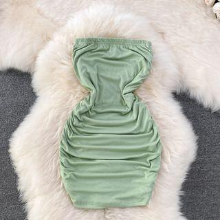 Plain Ruched Bandeau Mini Dress Green - One Size