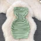 Plain Ruched Bandeau Mini Dress Green - One Size
