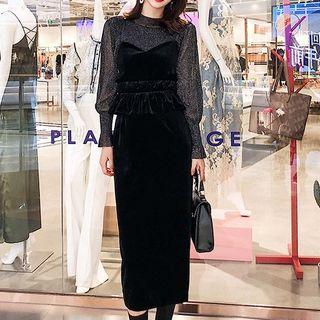 Set: Long-sleeve Glitter Top + Spaghetti Strap Midi Velvet Dress