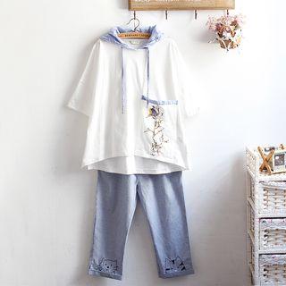 Bird Embroidered Hooded Short Sleeve Top