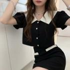 Short-sleeve Two-tone Blouse / Mini Pencil Skirt