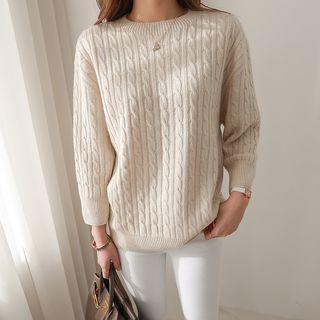 3/4-sleeve Cashmere Blend Cable-knit Sweater