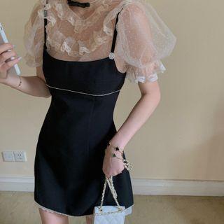 Ruffle Trim Mesh Puff-sleeve Blouse / Spaghetti Strap Lace Trim Mini A-line Dress