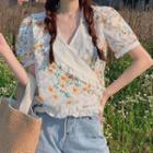 Floral V-neck Puff-sleeve Top White - One Size