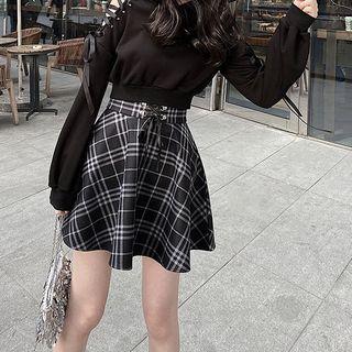 Set Of 2: Cold-shoulder Top + Plaid Skirt