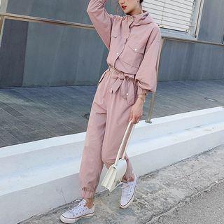 Long-sleeve Tie-waist Hooded Jumpsuit