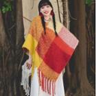 Plaid Fringed Cape Tangerine & Red & Yellow - One Size