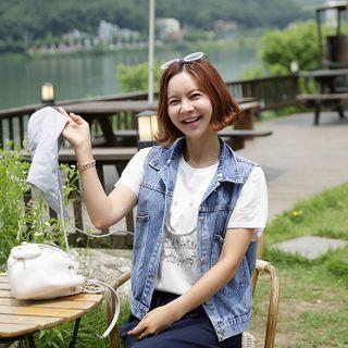 Detachable-hood Denim Vest Blue - One Size