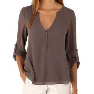 Plain V-neck Elbow Sleeve Chiffon Shirt