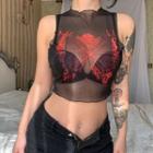 Butterfly Graphic Mesh See-through Top