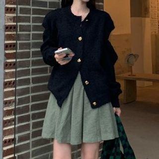 Cut-out Cardigan / Pleated Mini A-line Skirt