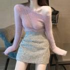 Set: Off-shoulder Knit Top + Glitter Skirt