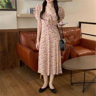 Short-sleeve Floral Midi A-line Dress Floral - Purple & Beige - One Size