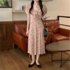 Short-sleeve Floral Midi A-line Dress Floral - Purple & Beige - One Size
