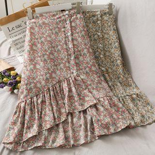 Asymmetric Ruffled-hem Floral Midi Skirt