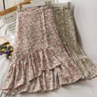 Asymmetric Ruffled-hem Floral Midi Skirt