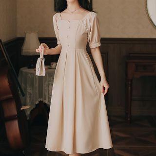 Square-neck Tie-waist Midi A-line Dress