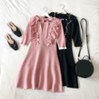 Ruffle Elbow-sleeve Knit Mini A-line Dress