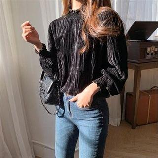 Frilled-neck Smocked-detail Velvet Top