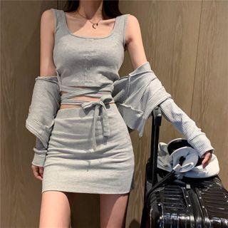 Crisscross Cropped Tank Top / Cropped Zip Hoodie / Mini Pencil Skirt