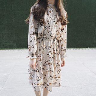 Floral Print Long Sleeve Dress With Sash