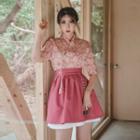 Elbow-sleeve Mini Skirt Hanbok Set (floral / Pink)
