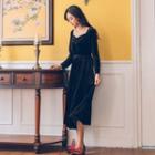 Velvet Long-sleeve Faux Pearl Accent Midi A-line Dress