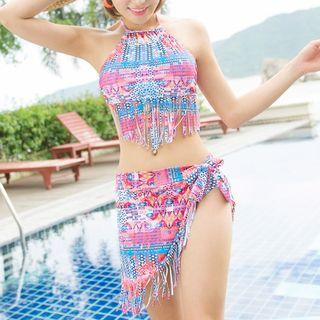 Set: Fringed Printed Bikini + Cover-up