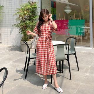 V-neck Plaid Dress With Sash Red - One Size