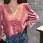 Plain Velvet V-neck Long-sleeve Blouse As Shown In Figure - One Size
