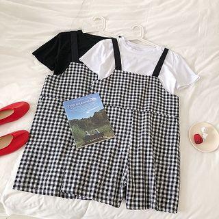 Set:plain Crewneck Short-sleeve Top + Plaid Strappy Pants