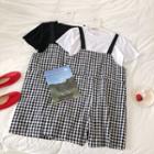 Set:plain Crewneck Short-sleeve Top + Plaid Strappy Pants